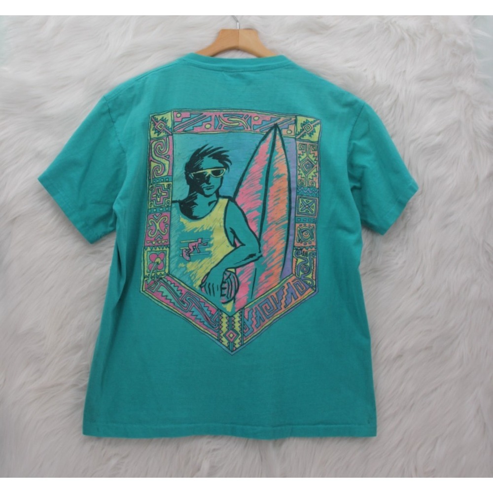 Vintage Surf T Shirt Large L Blue 80s Surfer Beach Single Stitch USA 100% Cotton
